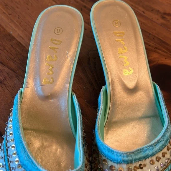 Drama Unique Light Teal Embroidered Beaded Mule Slip on Shoe Size 8 - Picture 12 of 14